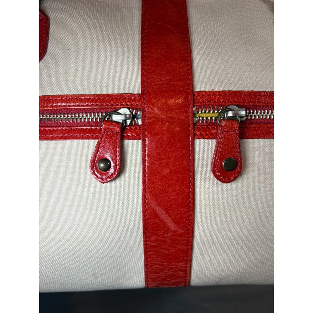 77. Vintage Nordstrom East‎ West Canvas Burnt Orange Leather Satchel Tote Bag